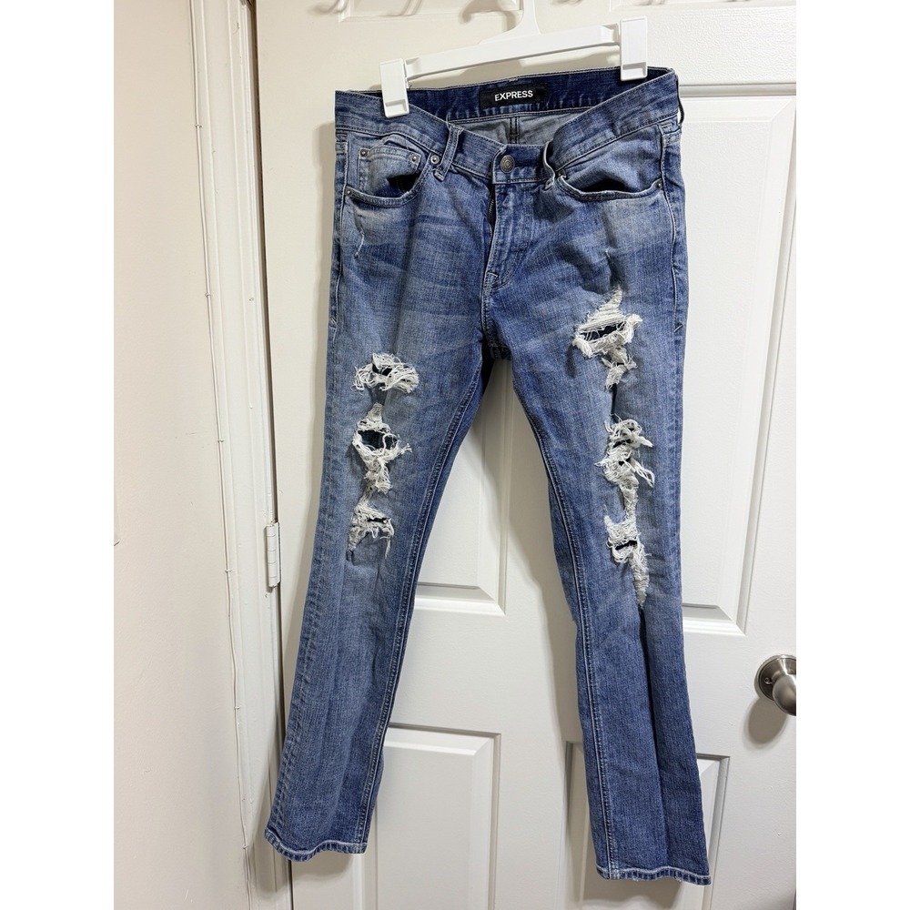 Express Mens Sz 32/32 Jeans Slim Fit Alec Skinny Leg Ripped Distressed Med Wash